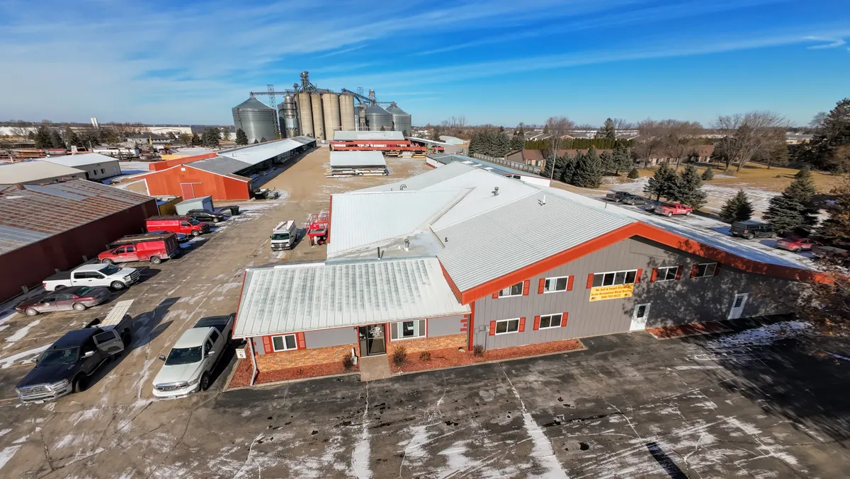 Aerial view of the M.P.B. Builders headquarters and supply yard in Ripon, Wisconsin