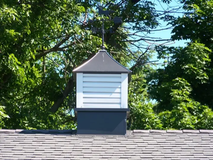 Close-up of a louvered CannonBall cupola with a weather vane, mounted on a shingled roof ridge