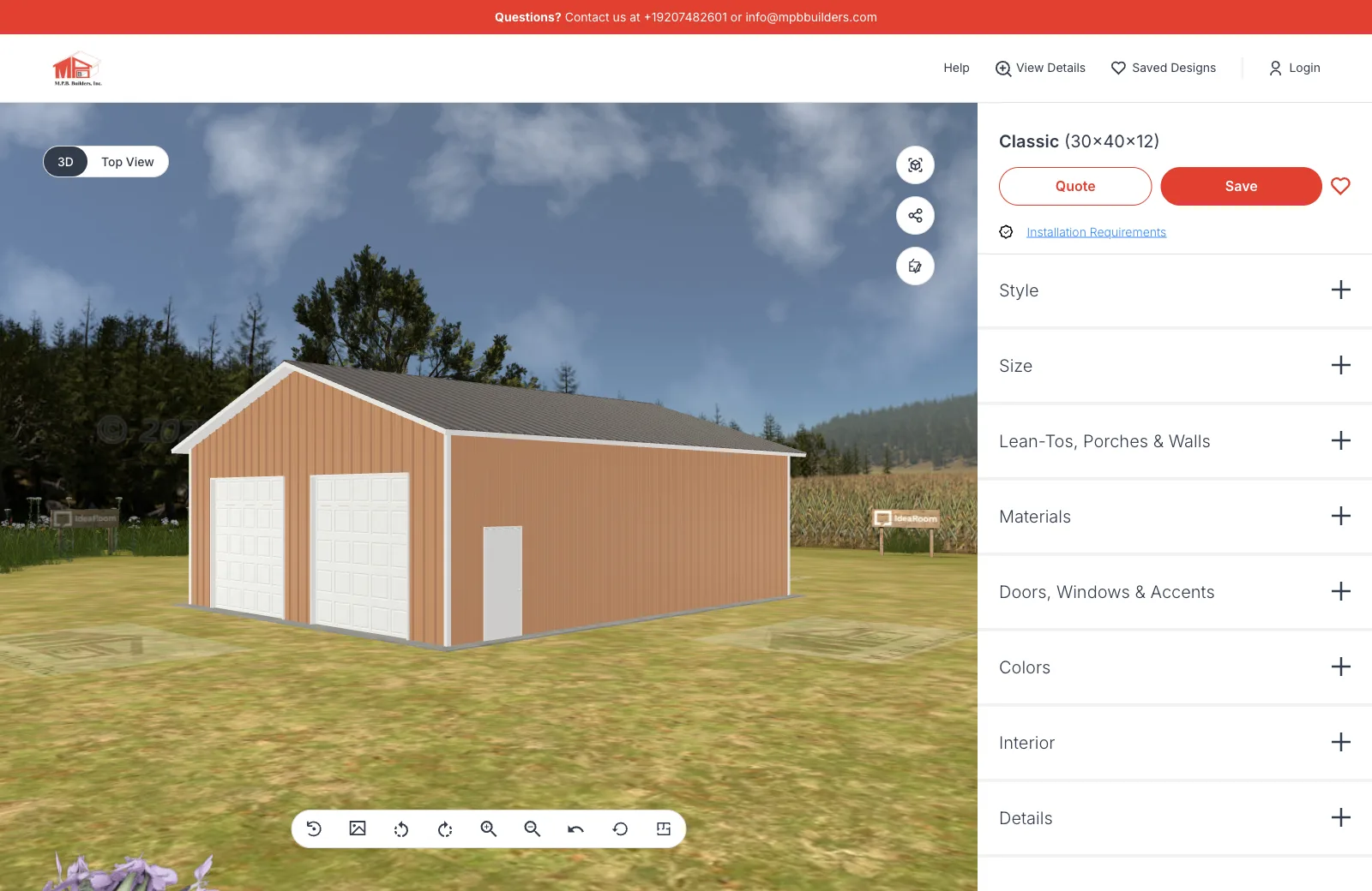 The M.P.B. Builders 3D designer, showing a post-frame building with style, size, and color options